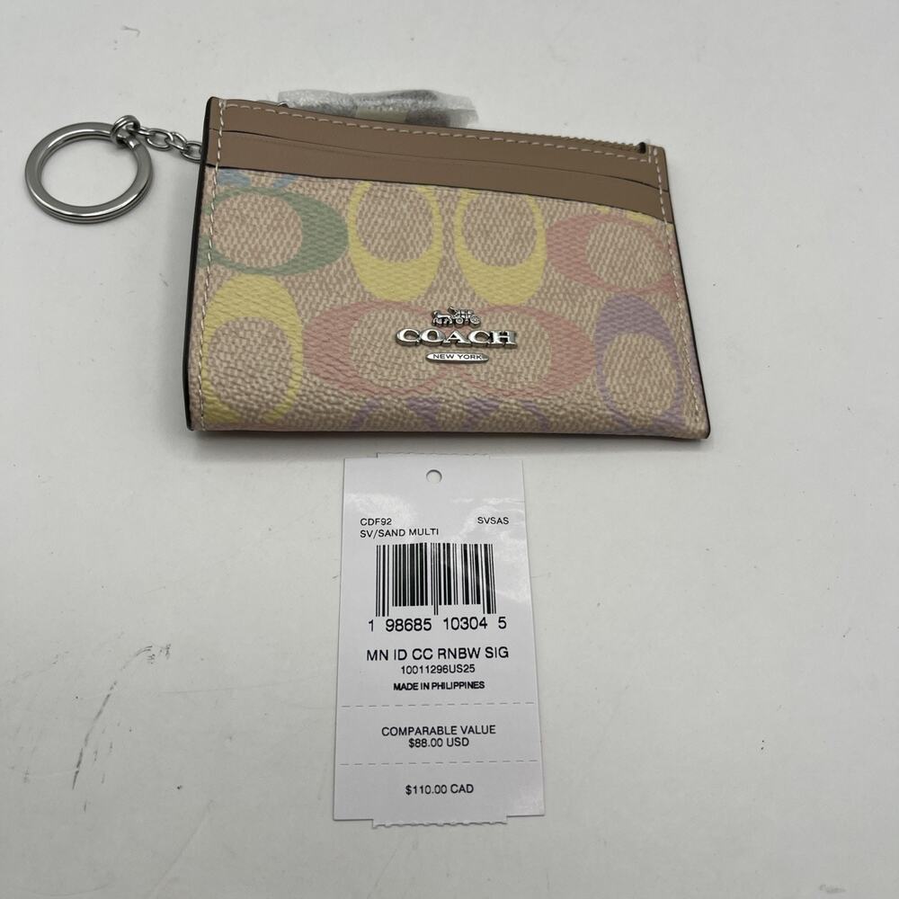 Coach CDF92 Mini ID Card Coin Case Rainbow Signature Canvas Wallet DISCONTINUED